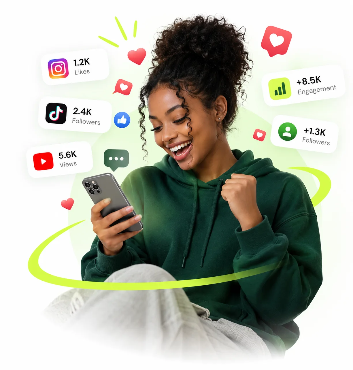 A smiling content creator looking at her phone, surrounded by likes, followers and engagement notifications